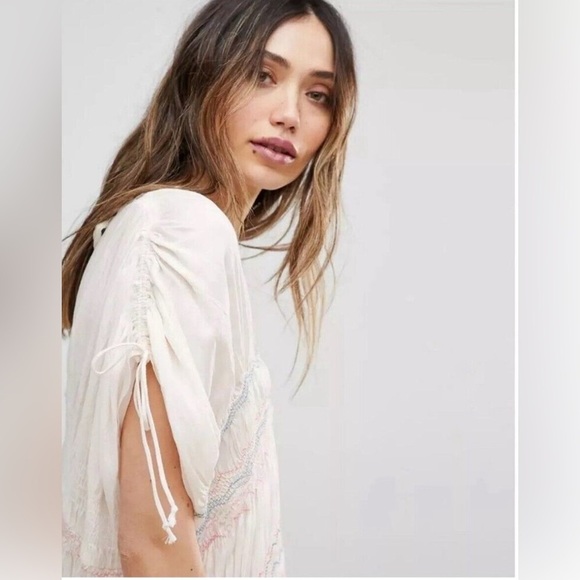 Free People Womens Ivory Embroidered Short Sleeve Dress Sz S like new condition - Picture 5 of 15